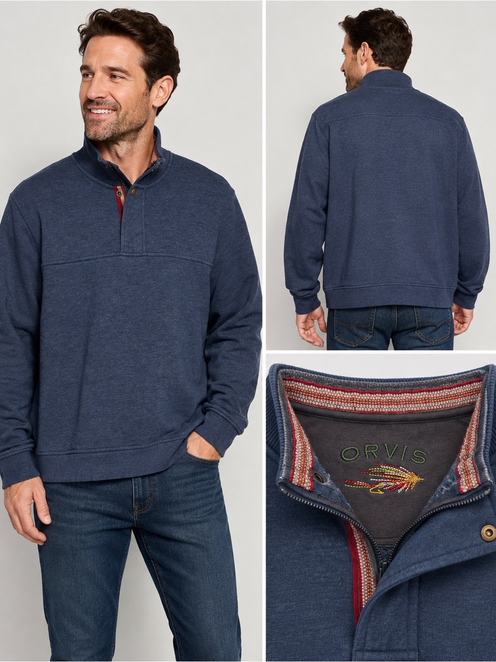 Orvis Men’s Heather Navy Zip-Front Pullover Sweater. XL